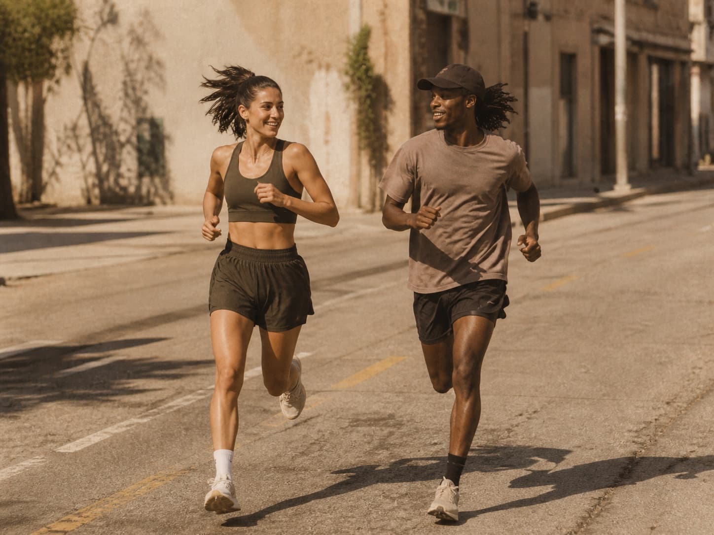 Runners on an empty street at golden hour
